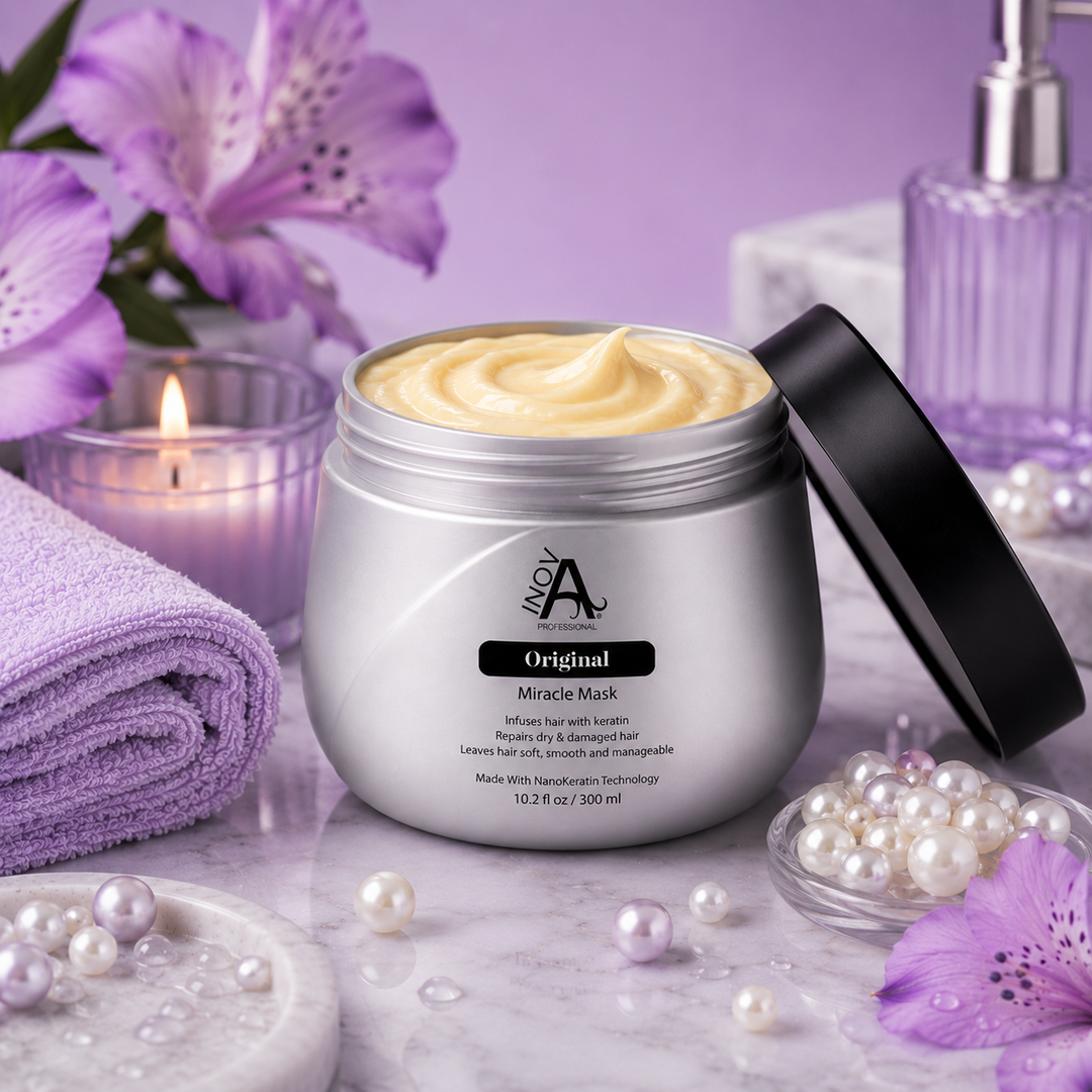 Inova Professional Original Miracle Mask 10.2 oz luxury spa lifestyle image featuring rich golden keratin cream texture for deep hydration, damage repair, softness, shine, and frizz control on elegant purple spa background.