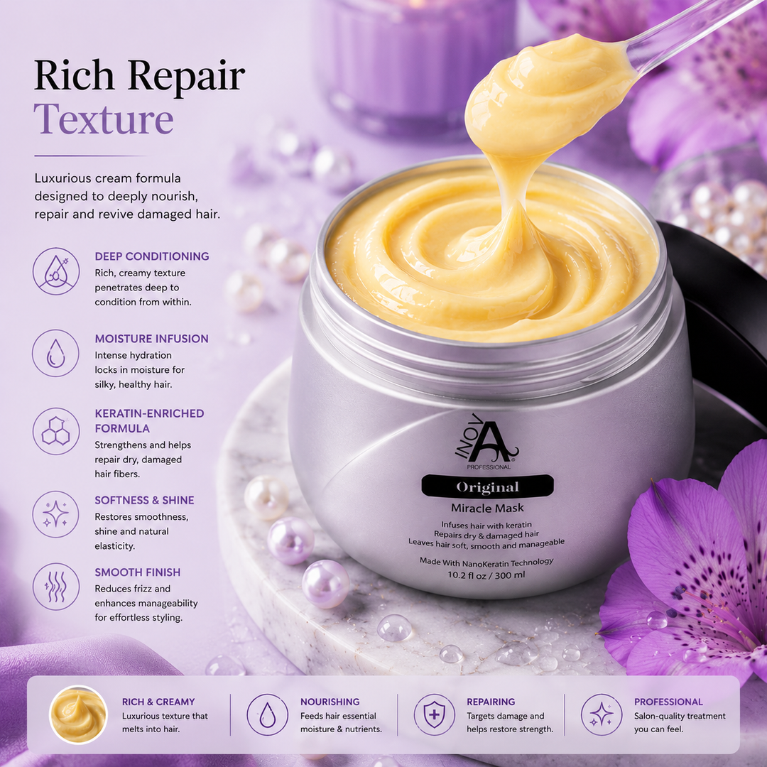 Inova Professional Original Miracle Mask rich repair texture image featuring creamy golden keratin-infused formula for deep conditioning, moisture infusion, damage repair, softness, shine, and smooth manageability on luxury purple spa background.