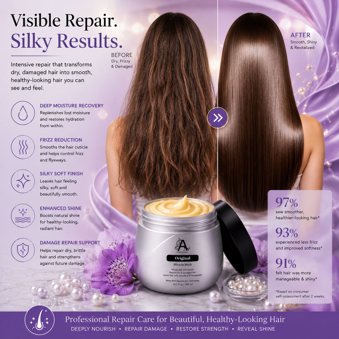 Inova Professional Original Miracle Mask hair transformation image showing before and after repair results with smoother, shinier, healthier-looking hair, reduced frizz, deep moisture recovery, and professional keratin conditioning care on luxury purple background.