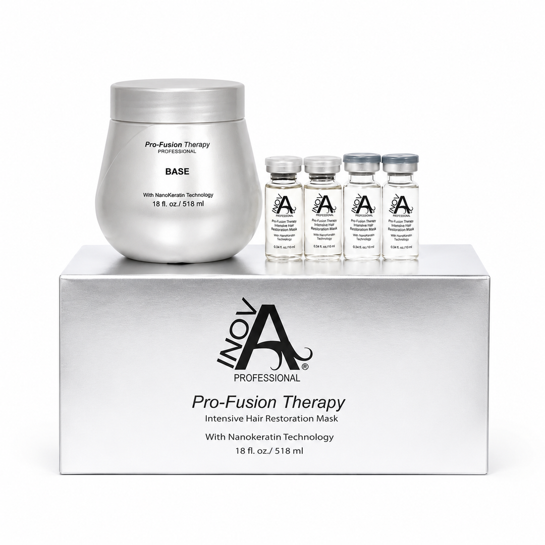 Inova Professional Pro-Fusion Therapy intensive hair restoration mask system featuring NanoKeratin technology with professional repair base and restorative ampoules on white background.
