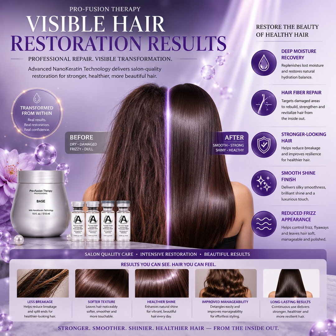 Inova Professional Pro-Fusion Therapy hair transformation image showing visible before and after restoration results with smoother, shinier, healthier-looking hair, reduced frizz, deep moisture recovery, hair fiber repair, and salon-quality NanoKeratin restoration care on luxury purple spa background.