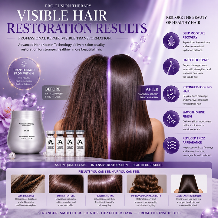 Inova Professional Pro-Fusion Therapy hair transformation image showing visible before and after restoration results with smoother, shinier, healthier-looking hair, reduced frizz, deep moisture recovery, hair fiber repair, and salon-quality NanoKeratin restoration care on luxury purple spa background.