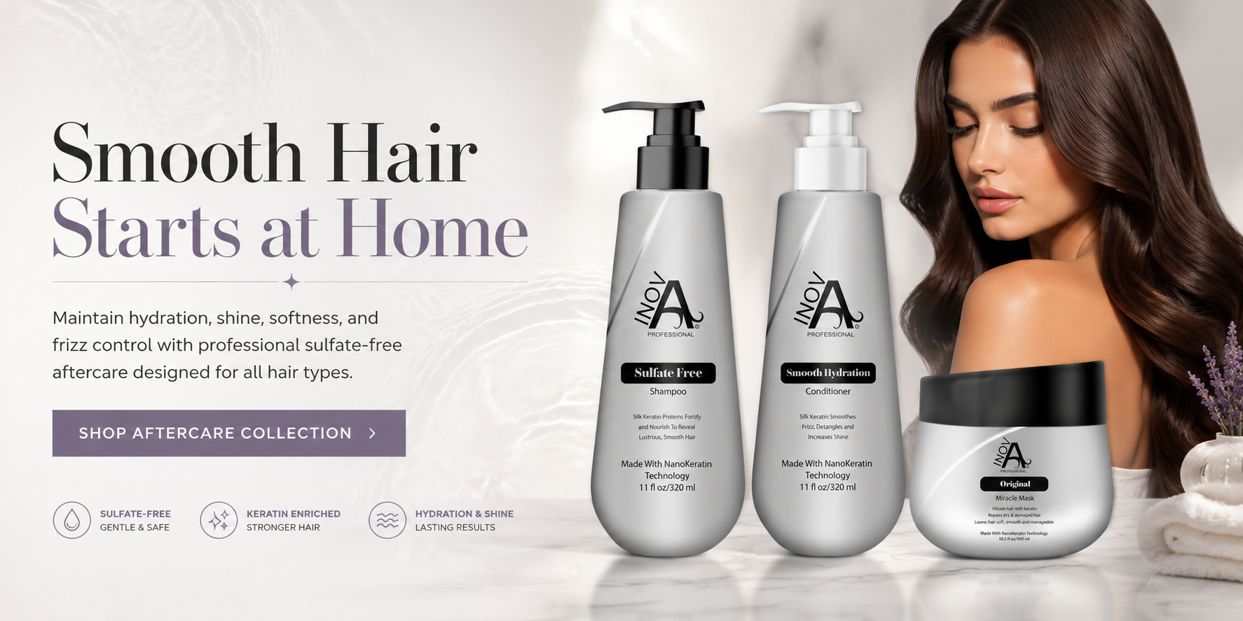 Inova Professional sulfate-free shampoo conditioner and miracle mask aftercare collection banner for smooth hydrated frizz-free hair