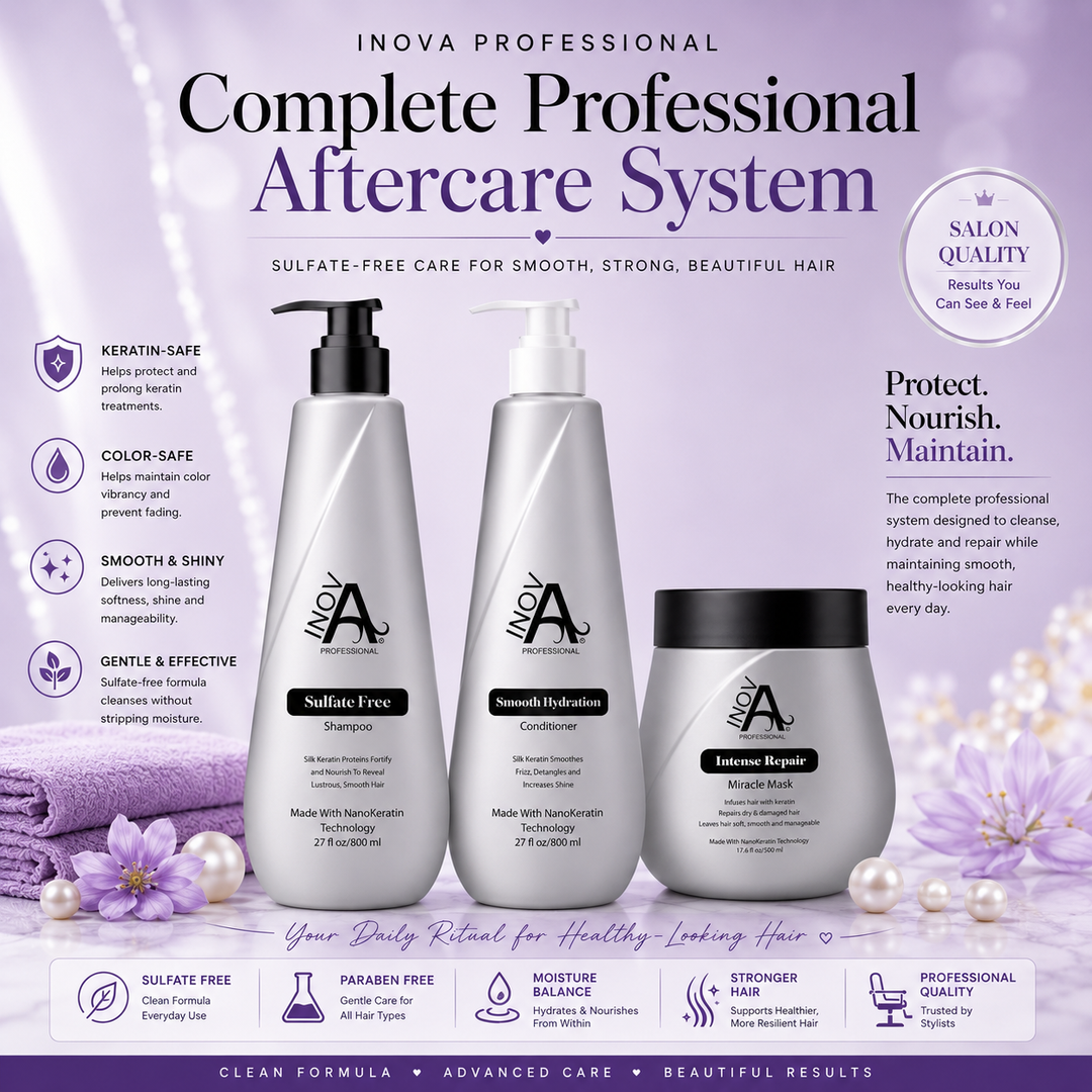 Inova Professional complete aftercare system featuring sulfate-free shampoo, smooth hydration conditioner, and intense repair miracle mask for smooth shiny healthy-looking hair