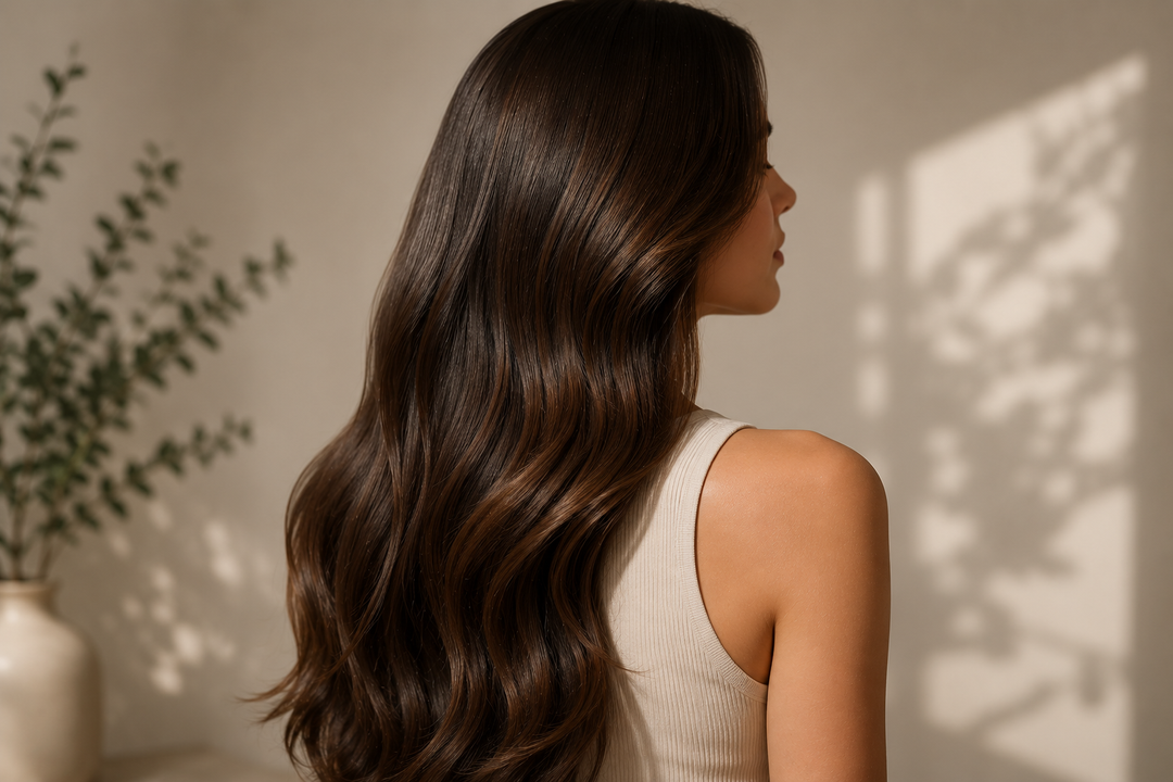 Woman with long healthy brunette hair in a soft neutral studio setting representing professional haircare maintenance and salon-quality smoothing results by Inova Professional.