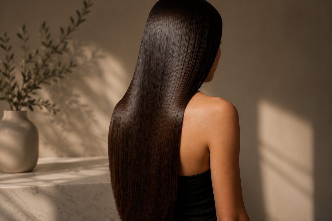 Luxury salon hair result with long smooth shiny dark hair for professional keratin treatment and frizz control