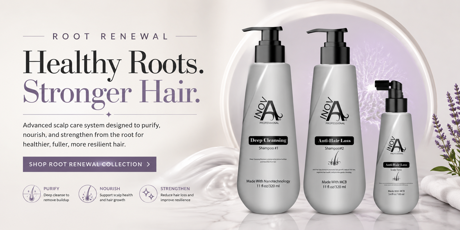 Inova Professional Root Renewal anti-hair loss shampoo and scalp tonic collection for stronger healthier fuller-looking hair