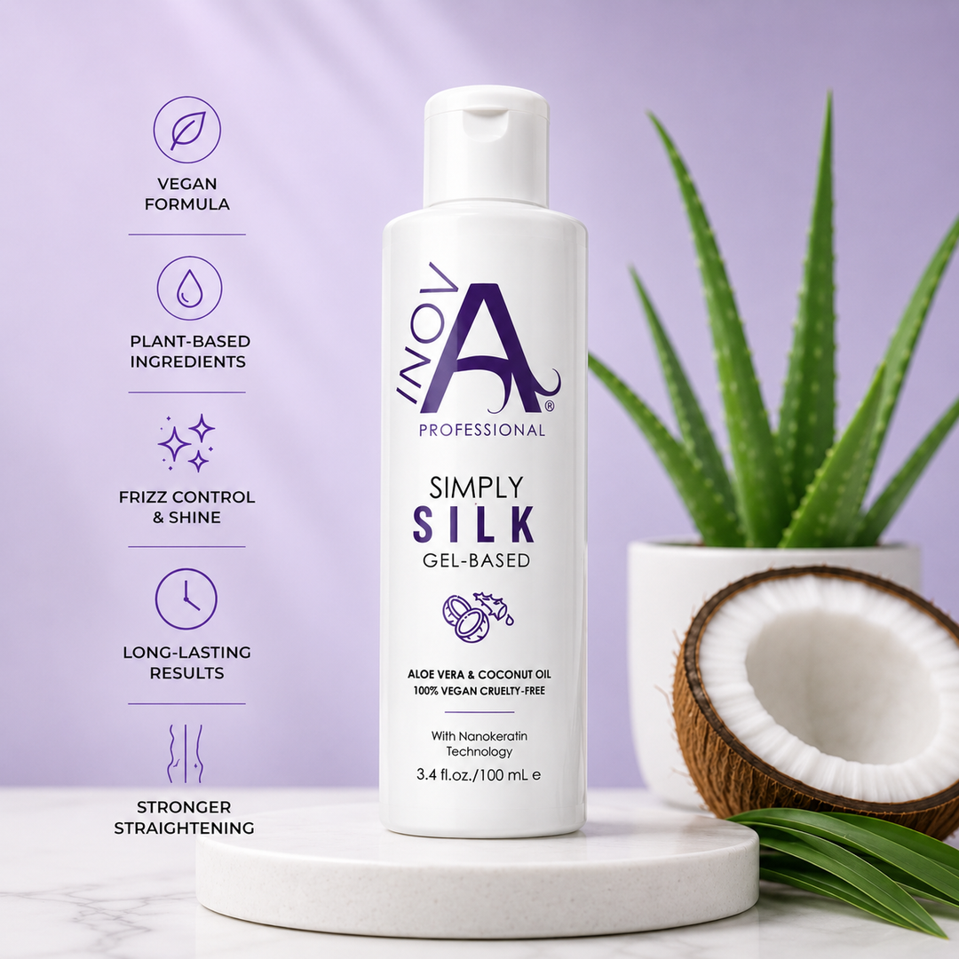 Inova Professional Simply Silk Vegan Keratin Treatment bottle with aloe vera and coconut oil on a luxury lavender background showcasing vegan formula, frizz control, shine, and long-lasting straightening benefits.