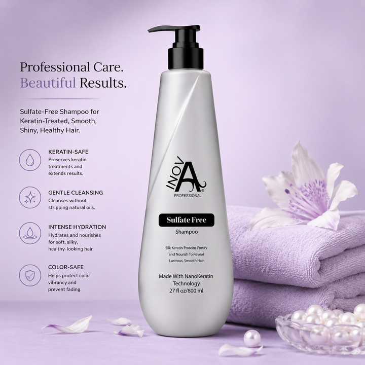 Lifestyle image of Inova Professional Sulfate-Free Shampoo 27 oz on a soft purple luxury spa background for keratin-treated, smooth, shiny, and healthy-looking hair