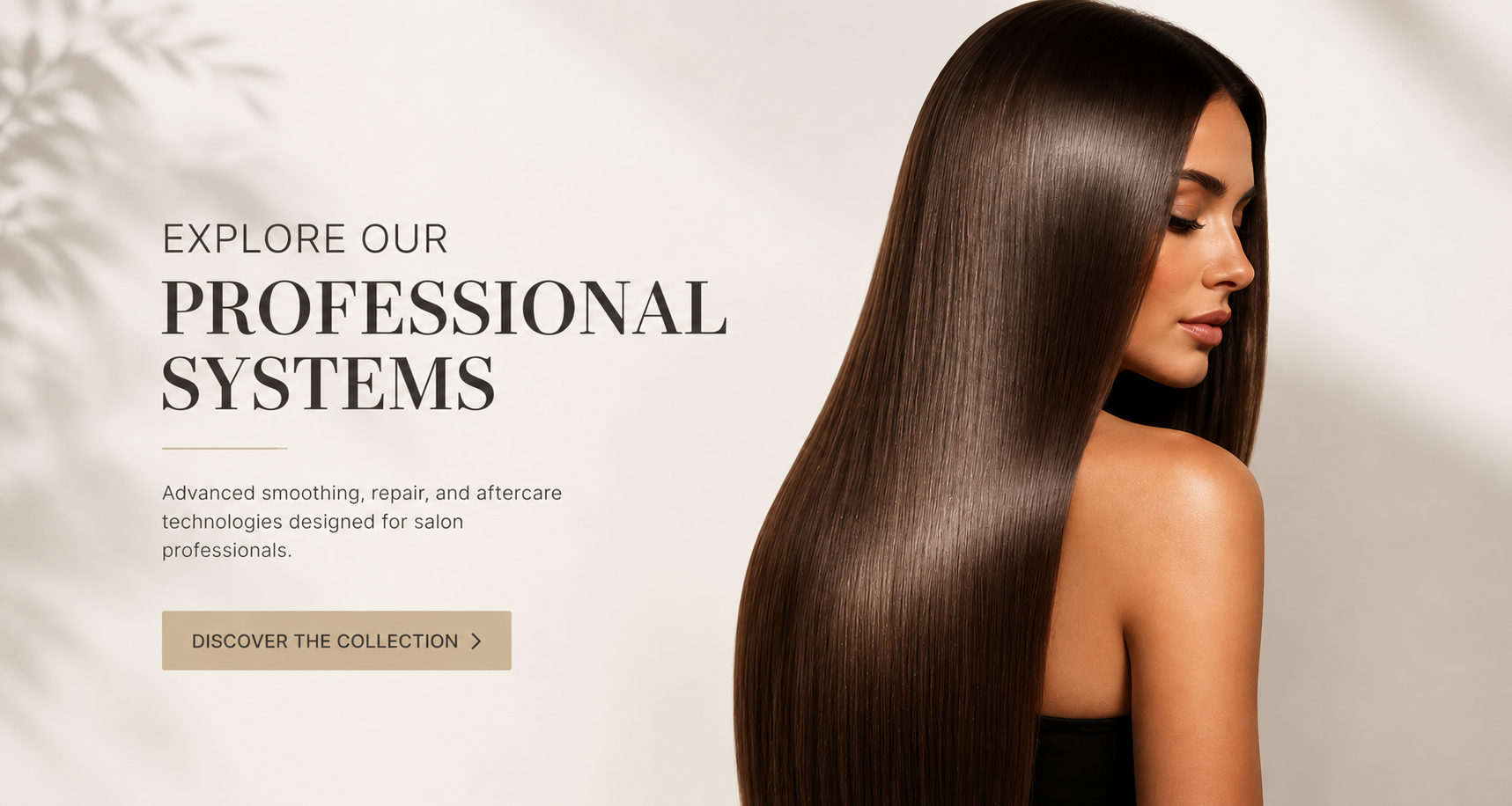 Luxury homepage banner for Inova Professional featuring sleek healthy straight hair with elegant text promoting professional salon smoothing, repair, and aftercare systems.