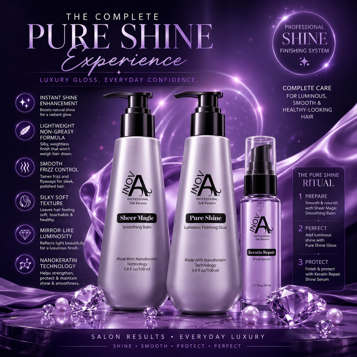 Inova Professional Pure Shine complete finishing system image featuring Pure Shine Luminous Finishing Gloss, Sheer Magic Smoothing Balm, and Keratin Repair Shine Serum with NanoKeratin technology for glossy shine, frizz control, silky smooth texture, and luxury salon-quality finishing care on elegant purple spa background.