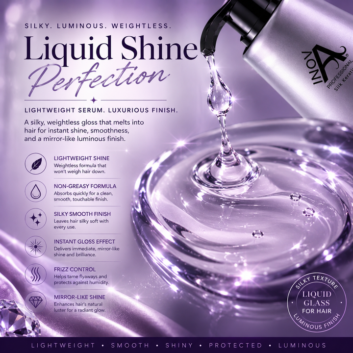 Inova Professional Pure Shine Luminous Finishing Gloss texture image featuring lightweight glossy serum formula with mirror-like shine, silky smooth finish, frizz control, luminous liquid texture, and non-greasy NanoKeratin shine technology on luxury purple spa background.