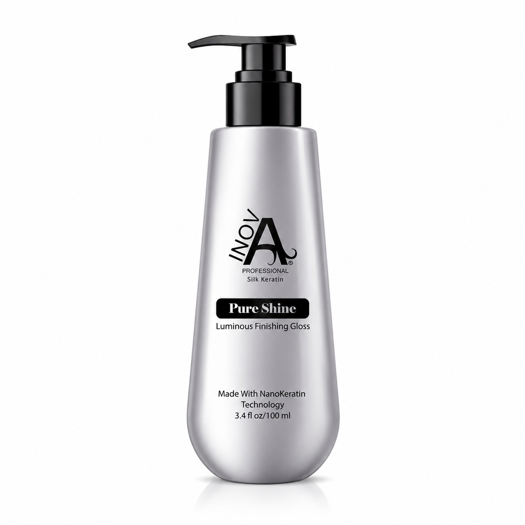 Inova Professional Pure Shine Luminous Finishing Gloss 3.4 oz lightweight anti-frizz shine serum with NanoKeratin technology for smooth, glossy, silky-looking hair on white background.