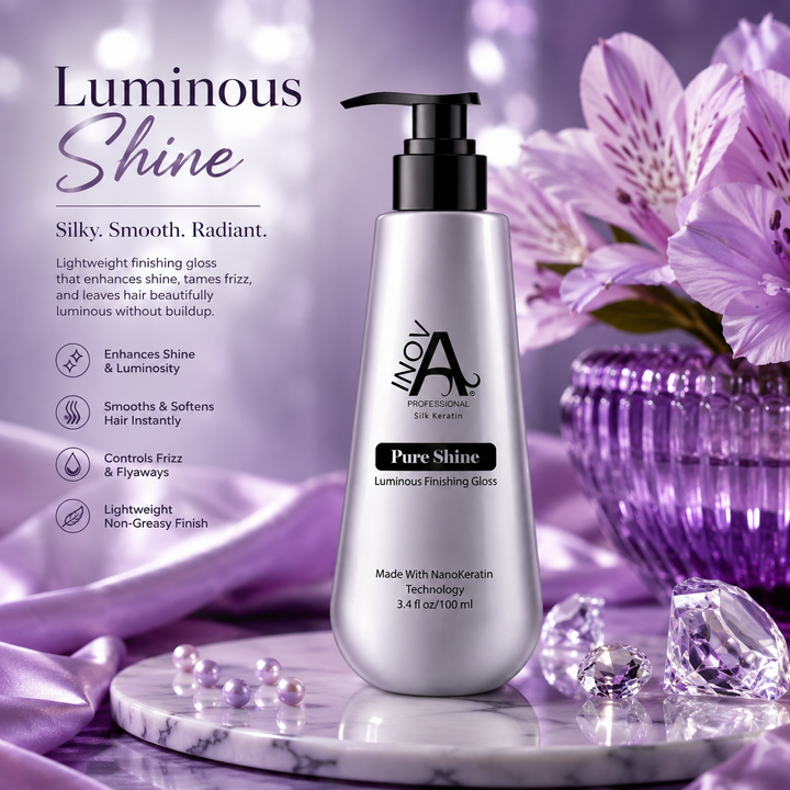 Inova Professional Pure Shine Luminous Finishing Gloss luxury lifestyle image featuring lightweight NanoKeratin shine serum for glossy, silky, smooth hair with frizz control, radiant shine, and non-greasy finish on elegant purple spa background.