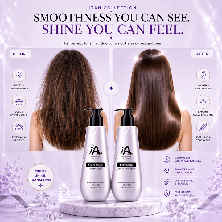 Before and after results using Inova Professional Litan Collection Pure Shine Gloss and Sheer Magic Smoothing Balm, showcasing smoother hair, radiant shine, frizz control, flyaway reduction, and a lightweight salon-quality finish.