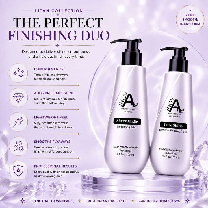 Inova Professional Litan Collection Pure Shine Gloss and Sheer Magic Smoothing Balm featuring brilliant shine, frizz control, lightweight smoothing, flyaway management, and salon-quality finishing results for silky, radiant hair.