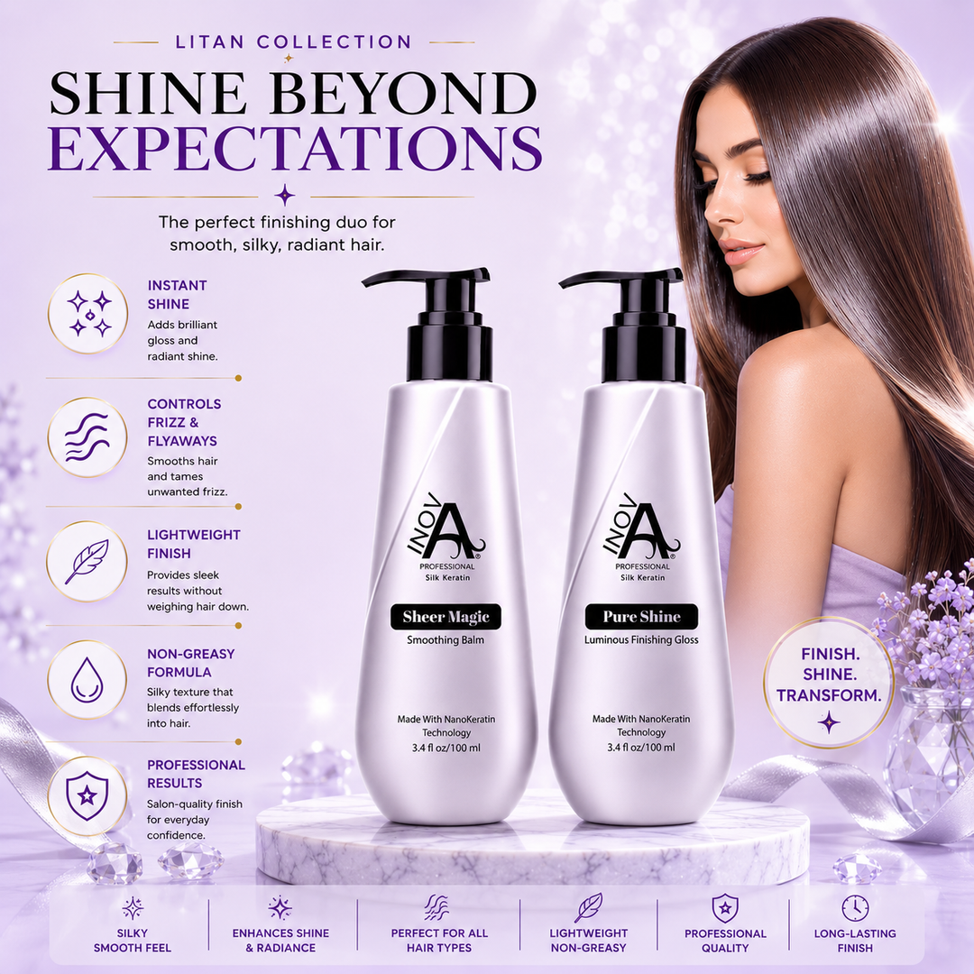 Inova Professional Litan Collection Pure Shine Gloss and Sheer Magic Smoothing Balm lifestyle image showcasing radiant shine, frizz control, silky smooth hair, lightweight finishing, and salon-quality styling results.