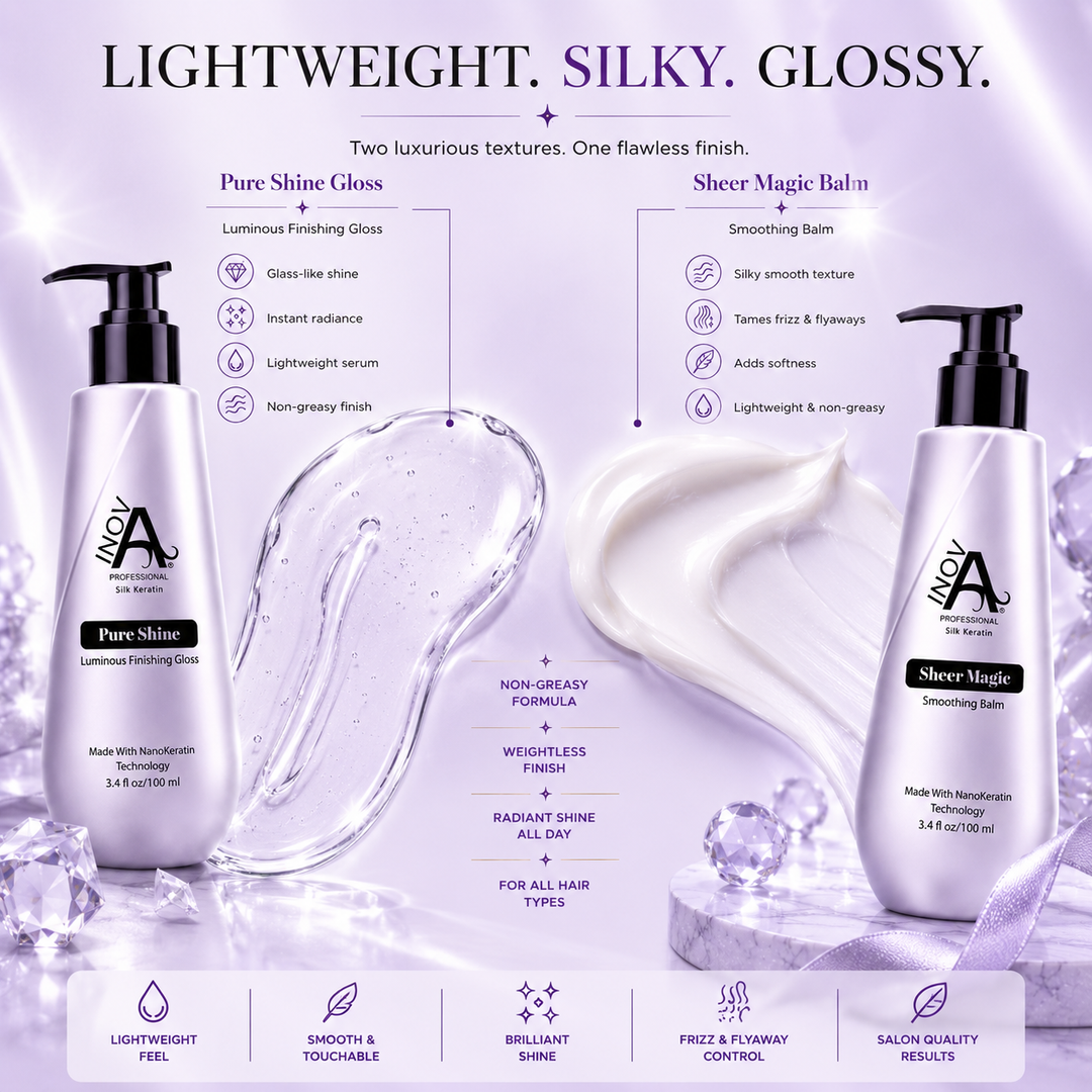 Inova Professional Litan Collection Pure Shine Gloss and Sheer Magic Smoothing Balm formula and texture image featuring a glass-like shine serum, silky smoothing balm, lightweight non-greasy finish, frizz control, and salon-quality styling results.