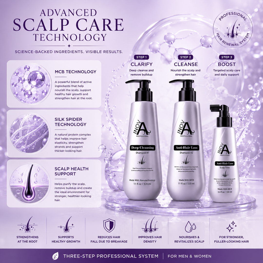 Inova Professional Root Renew Collection Anti-Hair Loss Kit showcasing MCB Technology, Silk Spider Technology, scalp health support, and a professional three-step hair renewal system designed to promote stronger roots, healthier-looking hair, and improved hair density.