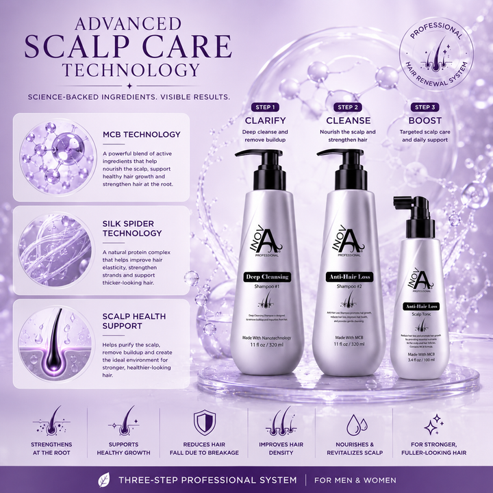 Inova Professional Root Renew Collection Anti-Hair Loss Kit showcasing MCB Technology, Silk Spider Technology, scalp health support, and a professional three-step hair renewal system designed to promote stronger roots, healthier-looking hair, and improved hair density.