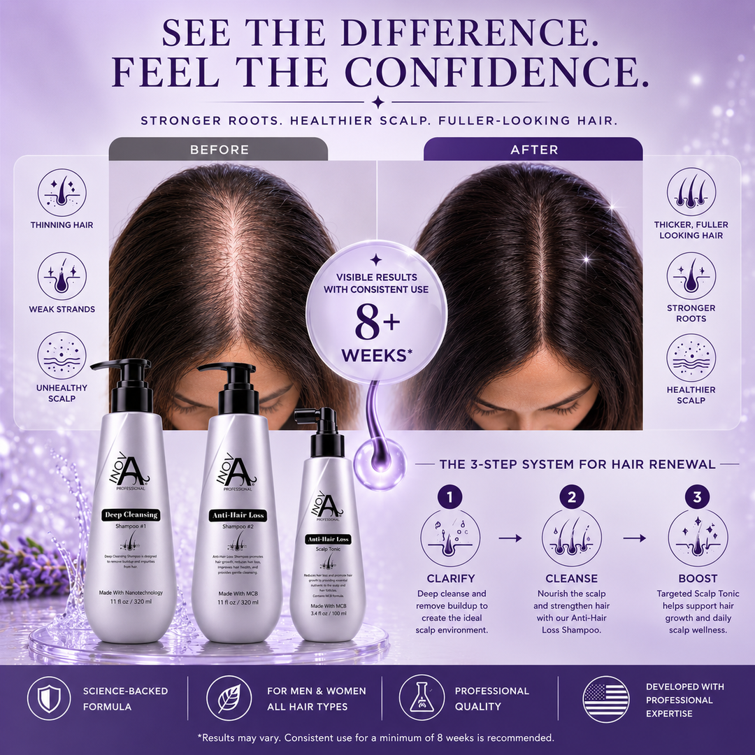 Before and after hair transformation using Inova Professional Root Renew Collection Anti-Hair Loss Kit featuring Deep Cleansing Shampoo, Anti-Hair Loss Shampoo, and Scalp Tonic Booster to support stronger roots, healthier scalp care, and fuller, thicker-looking hair.