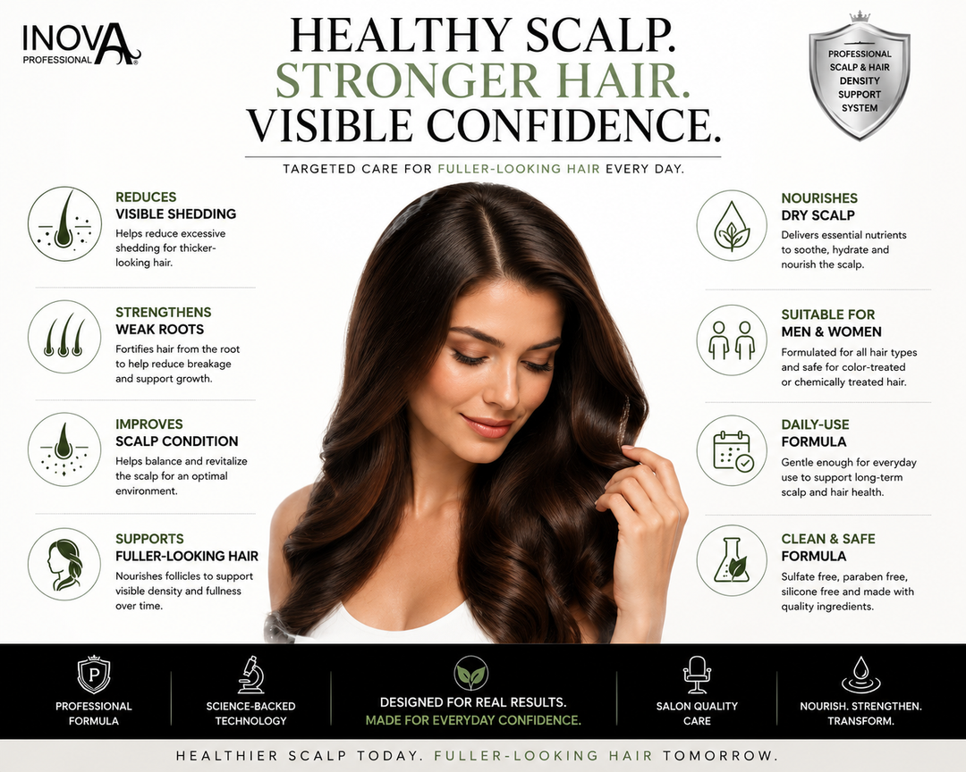 Benefits infographic for Inova Professional Root Renew Anti-Hair Loss Kit showing healthier scalp support, stronger roots, reduced shedding, and fuller-looking hair