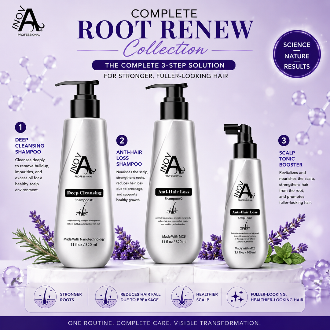 Inova Professional Root Renew Complete 3-Step Collection featuring Deep Cleansing Shampoo Step #1, Anti-Hair Loss Shampoo Step #2, and Anti-Hair Loss Scalp Tonic Booster Step #3. Advanced scalp wellness system powered by MCB Technology to deeply cleanse, strengthen roots, reduce hair fall due to breakage, nourish the scalp, and promote stronger, fuller-looking, healthier-looking hair.