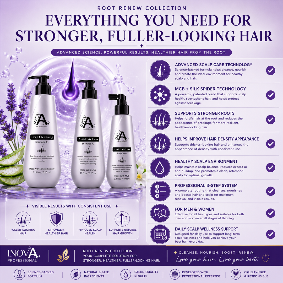 Inova Professional Root Renew Collection Anti-Hair Loss Kit featuring Deep Cleansing Shampoo, Anti-Hair Loss Shampoo, and Scalp Tonic Booster with advanced scalp care technology, MCB and Silk Spider Technology, stronger roots, healthier scalp support, fuller-looking hair, and daily scalp wellness benefits.