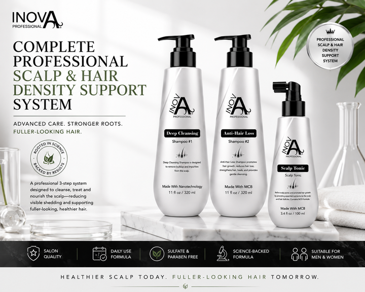 Complete Inova Professional Root Renew Anti-Hair Loss Collection featuring deep cleansing shampoo, anti-hair loss shampoo, and scalp tonic for healthier-looking fuller hair and scalp support