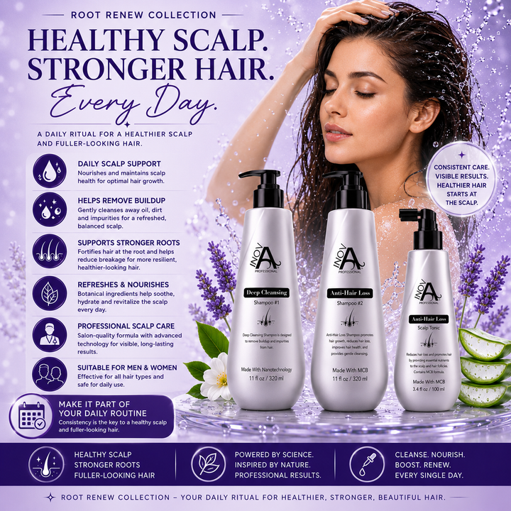 Inova Professional Root Renew Collection Anti-Hair Loss Kit daily scalp wellness image showcasing Deep Cleansing Shampoo, Anti-Hair Loss Shampoo, and Scalp Tonic Booster designed to support scalp health, remove buildup, strengthen roots, and promote fuller, healthier-looking hair.