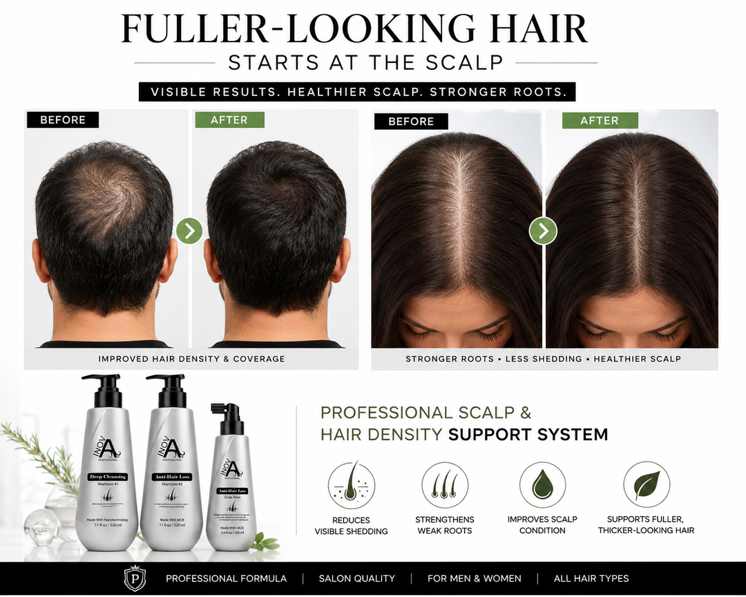 Before and after results of Inova Professional Root Renew Anti-Hair Loss Kit showing fuller-looking hair, healthier scalp appearance, and improved hair density for men and women
