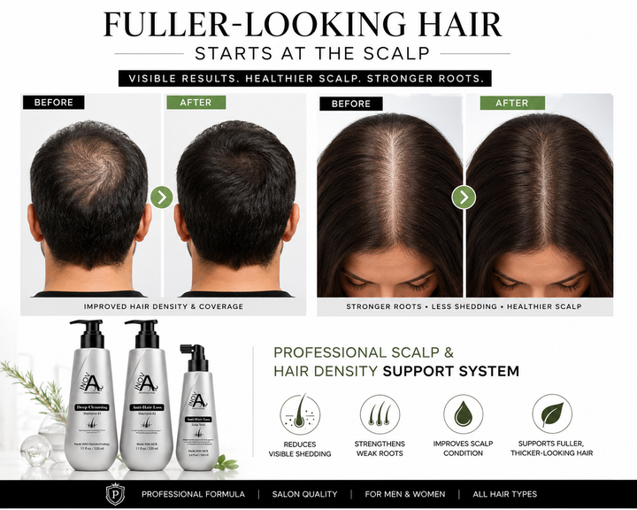 Before and after results of Inova Professional Root Renew Anti-Hair Loss Kit showing fuller-looking hair, healthier scalp appearance, and improved hair density for men and women