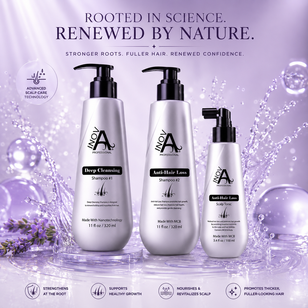Inova Professional Root Renew Collection Anti-Hair Loss Kit lifestyle image featuring advanced scalp care technology, stronger roots, fuller-looking hair, and a complete hair renewal system.