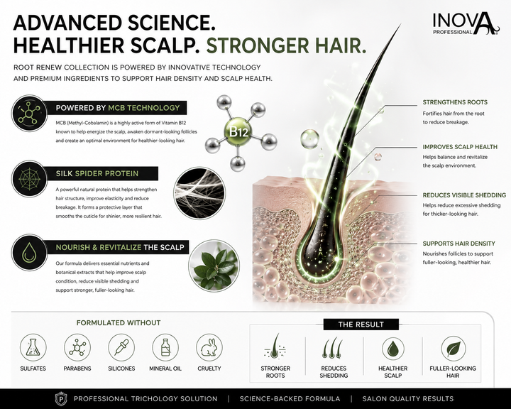 Scientific infographic explaining Inova Professional Root Renew MCB technology, Silk Spider Protein, and scalp nourishment ingredients that support stronger roots and fuller-looking hair