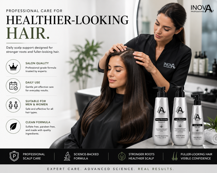 Luxury salon lifestyle image showing Inova Professional Root Renew Anti-Hair Loss Kit used during a professional scalp care treatment for healthier-looking fuller hair