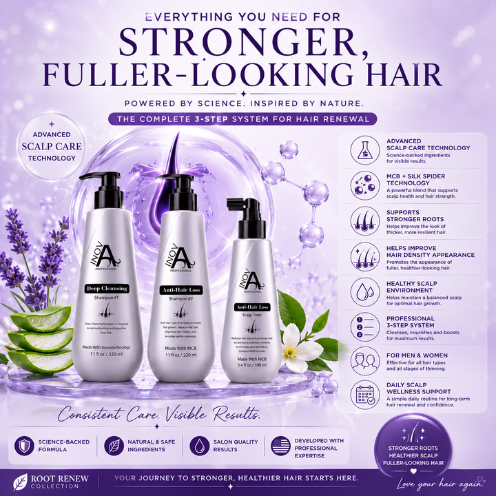 Inova Professional Root Renew Collection Anti-Hair Loss Kit highlighting advanced scalp care technology, MCB and Silk Spider Technology, stronger roots, improved hair density appearance, scalp wellness support, and a professional three-step hair renewal system for men and women.