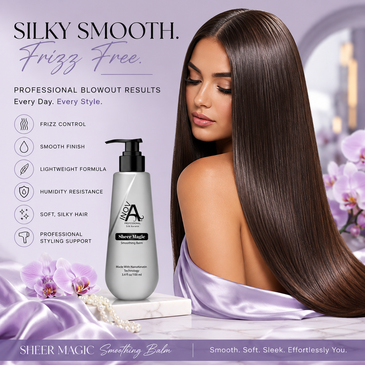 Inova Professional Sheer Magic Smoothing Balm luxury lifestyle image featuring ultra-smooth, frizz-free, glossy hair with a professional salon blowout finish. Highlights frizz control, humidity resistance, lightweight styling support, and NanoKeratin Technology on a premium lavender spa-inspired background with orchids and silk accents.