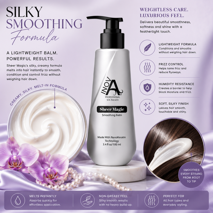 Inova Professional Sheer Magic Smoothing Balm silky smoothing formula infographic featuring a lightweight creamy balm texture, NanoKeratin Technology, frizz control, humidity resistance, soft silky finish, and smooth hair conditioning benefits. Showcases the product's non-greasy formula designed to smooth, soften, and enhance shine while supporting professional blowout styling on a luxury lavender salon-inspired background.