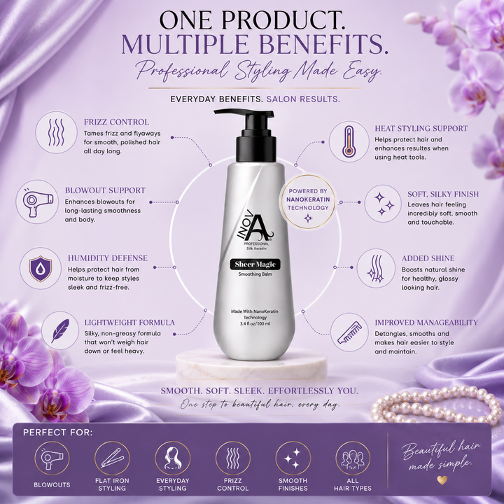 Inova Professional Sheer Magic Smoothing Balm styling benefits infographic featuring NanoKeratin Technology, frizz control, blowout support, humidity defense, heat styling support, lightweight formula, added shine, and improved manageability. Professional smoothing balm designed to create soft, silky, smooth hair with salon-quality results on a luxury lavender beauty background.