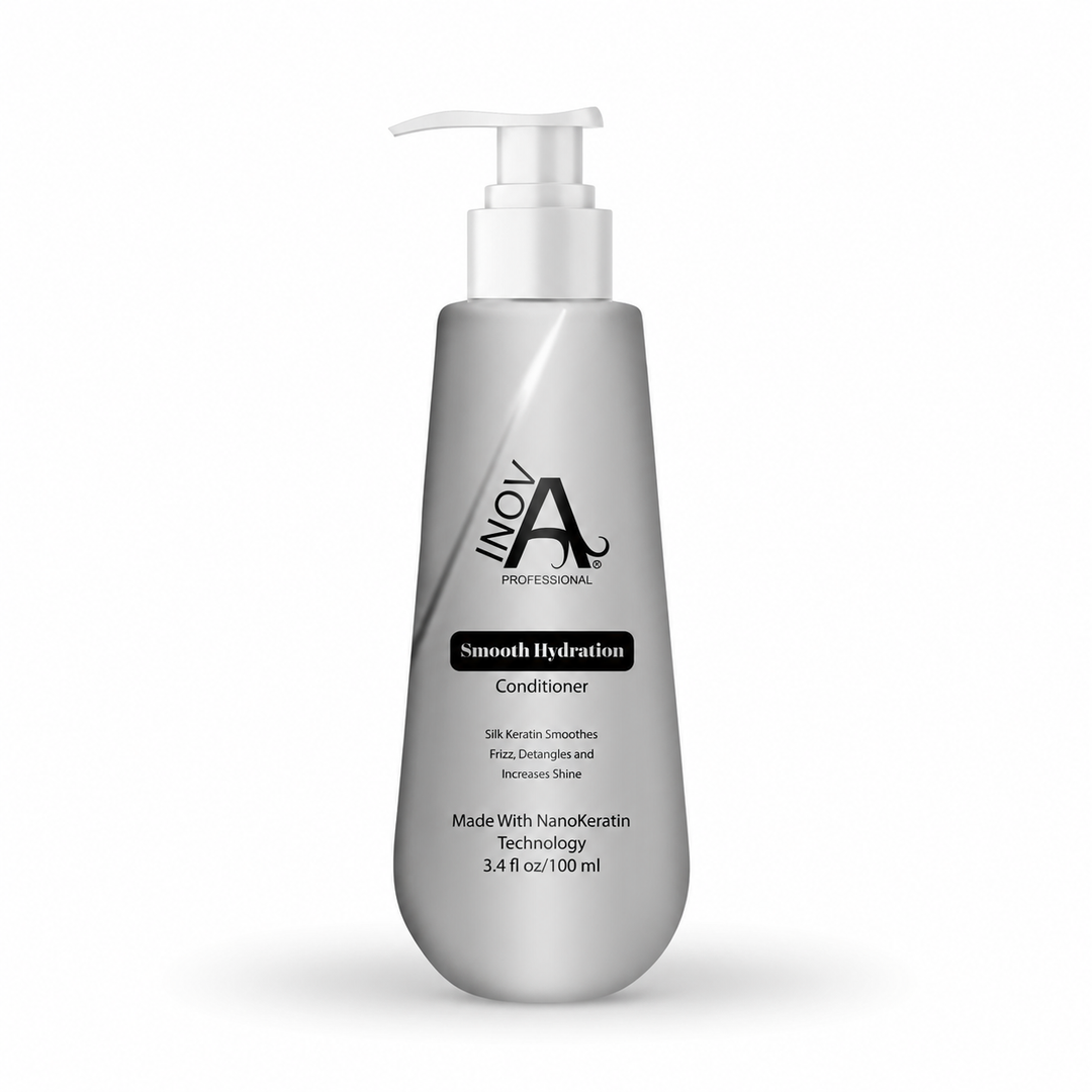 Inova Professional Smooth Hydration Conditioner 3.4 oz keratin-safe travel-size conditioner for hydration, softness, shine, and frizz control on white background.