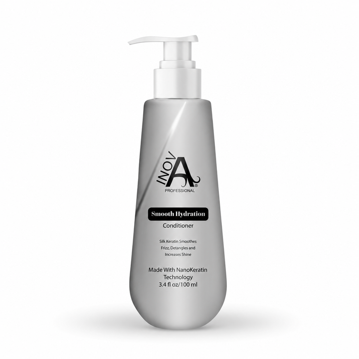 Inova Professional Smooth Hydration Conditioner 3.4 oz keratin-safe travel-size conditioner for hydration, softness, shine, and frizz control on white background.