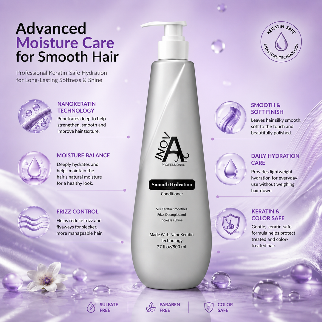 Inova Professional Smooth Hydration Conditioner 27 oz with keratin-safe moisture technology, frizz control, deep hydration, and smooth soft finish on luxury purple spa background.