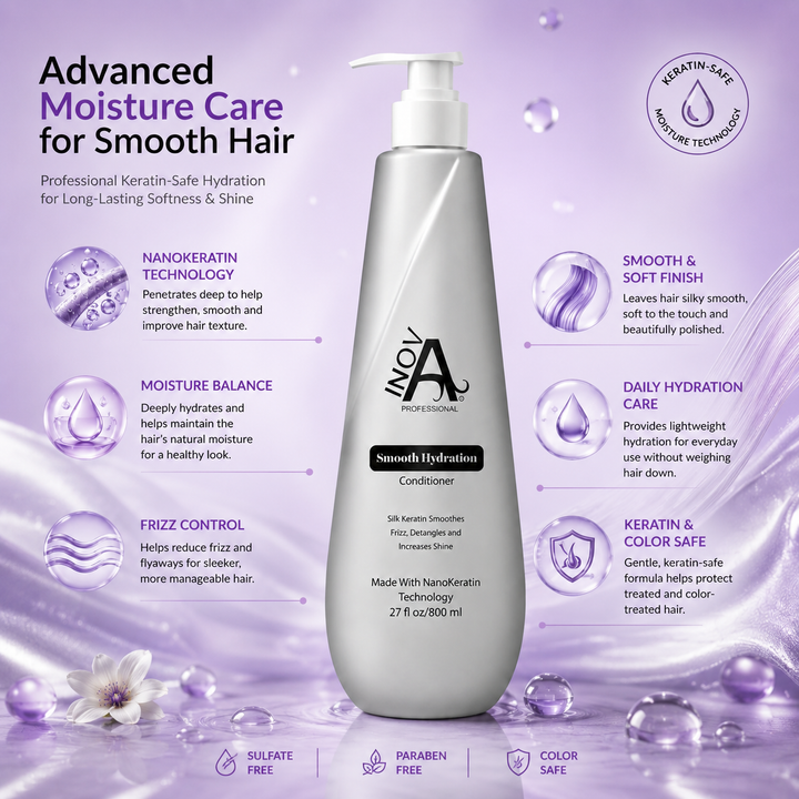 Inova Professional Smooth Hydration Conditioner 27 oz with keratin-safe moisture technology, frizz control, deep hydration, and smooth soft finish on luxury purple spa background.
