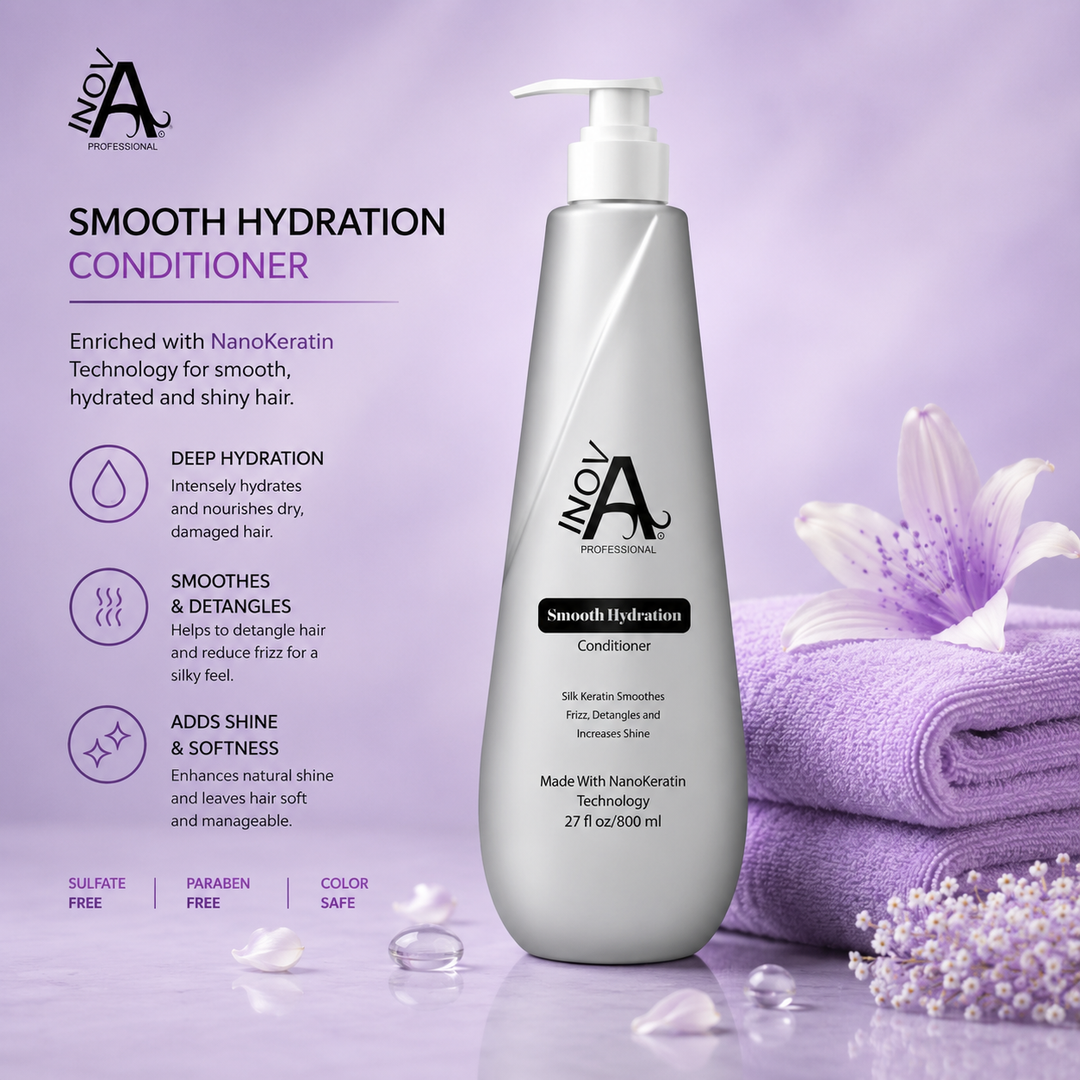 Inova Professional Smooth Hydration Conditioner 27 oz on a luxury light purple spa background for smooth hydrated shiny healthy-looking hair