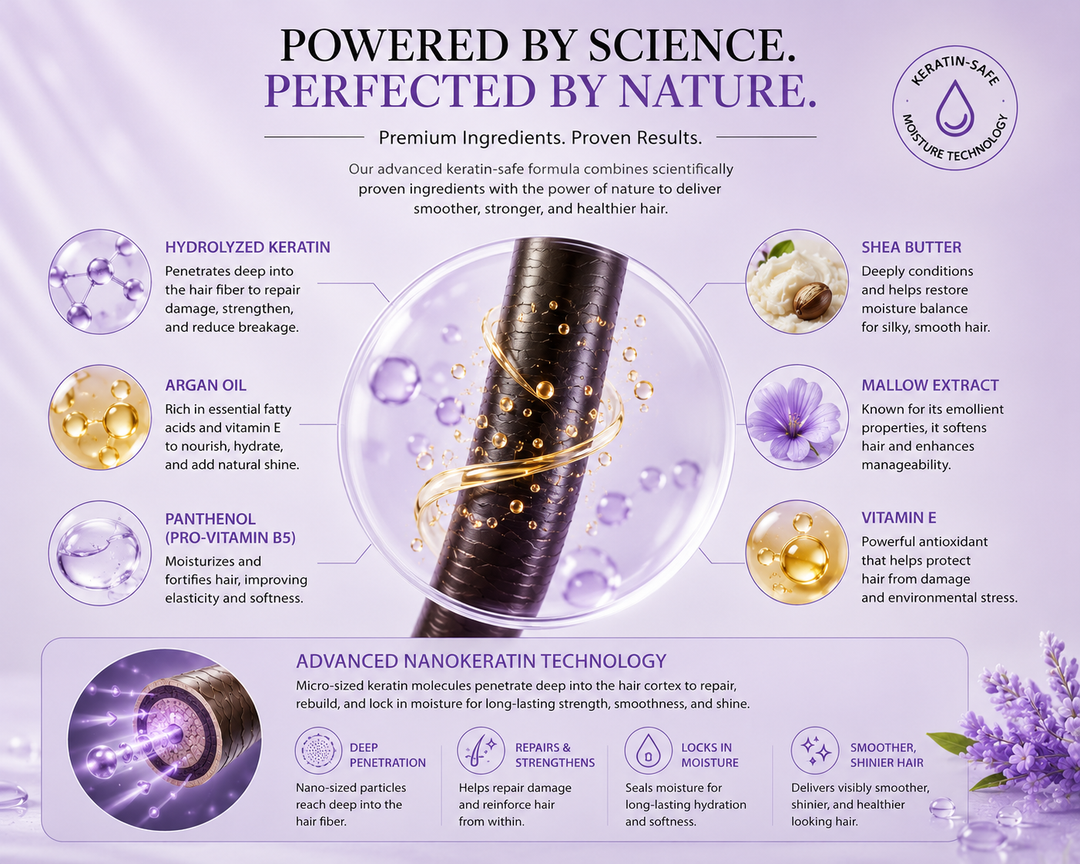 Inova Professional Smooth Hydration advanced NanoKeratin technology infographic featuring hydrolyzed keratin, argan oil, shea butter, panthenol, and moisture-locking hydration benefits for smoother healthier-looking hair.