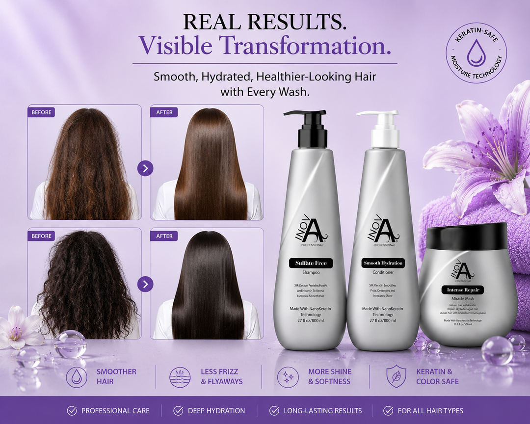 Before and after hair transformation using Inova Professional Smooth Hydration System featuring smoother, shinier, hydrated, frizz-free hair with keratin-safe moisture technology.