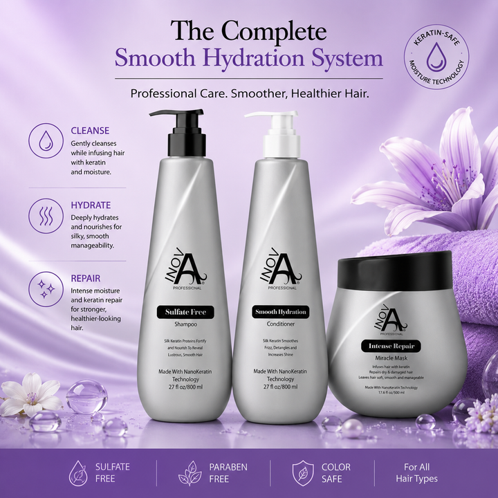 Inova Professional Smooth Hydration System featuring sulfate-free shampoo, smooth hydration conditioner, and intense repair mask with keratin-safe moisture technology on luxury purple spa background.