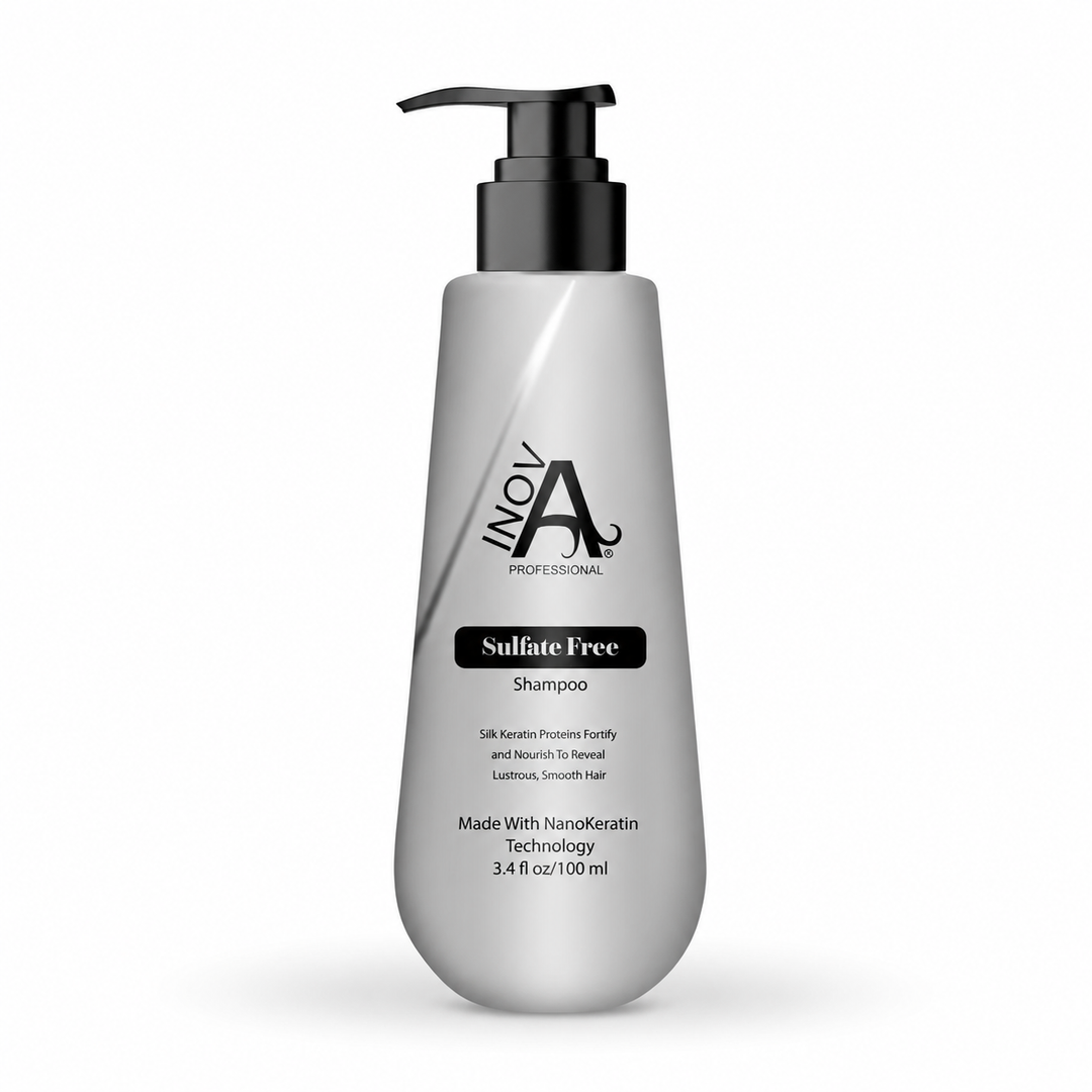Inova Professional Sulfate Free Shampoo 3.4 oz keratin-safe travel-size shampoo for gentle cleansing, hydration, smoothness, and healthy-looking shine on white background.