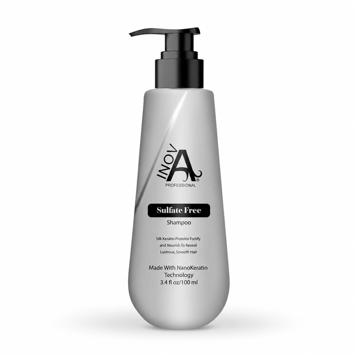 Inova Professional Sulfate Free Shampoo 3.4 oz keratin-safe travel-size shampoo for gentle cleansing, hydration, smoothness, and healthy-looking shine on white background.