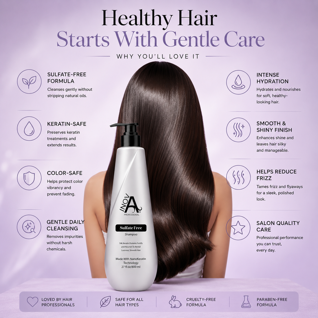 Benefits infographic for Inova Professional Sulfate-Free Shampoo featuring keratin-safe cleansing, intense hydration, smooth shiny hair, color protection, and frizz control on a luxury light purple background